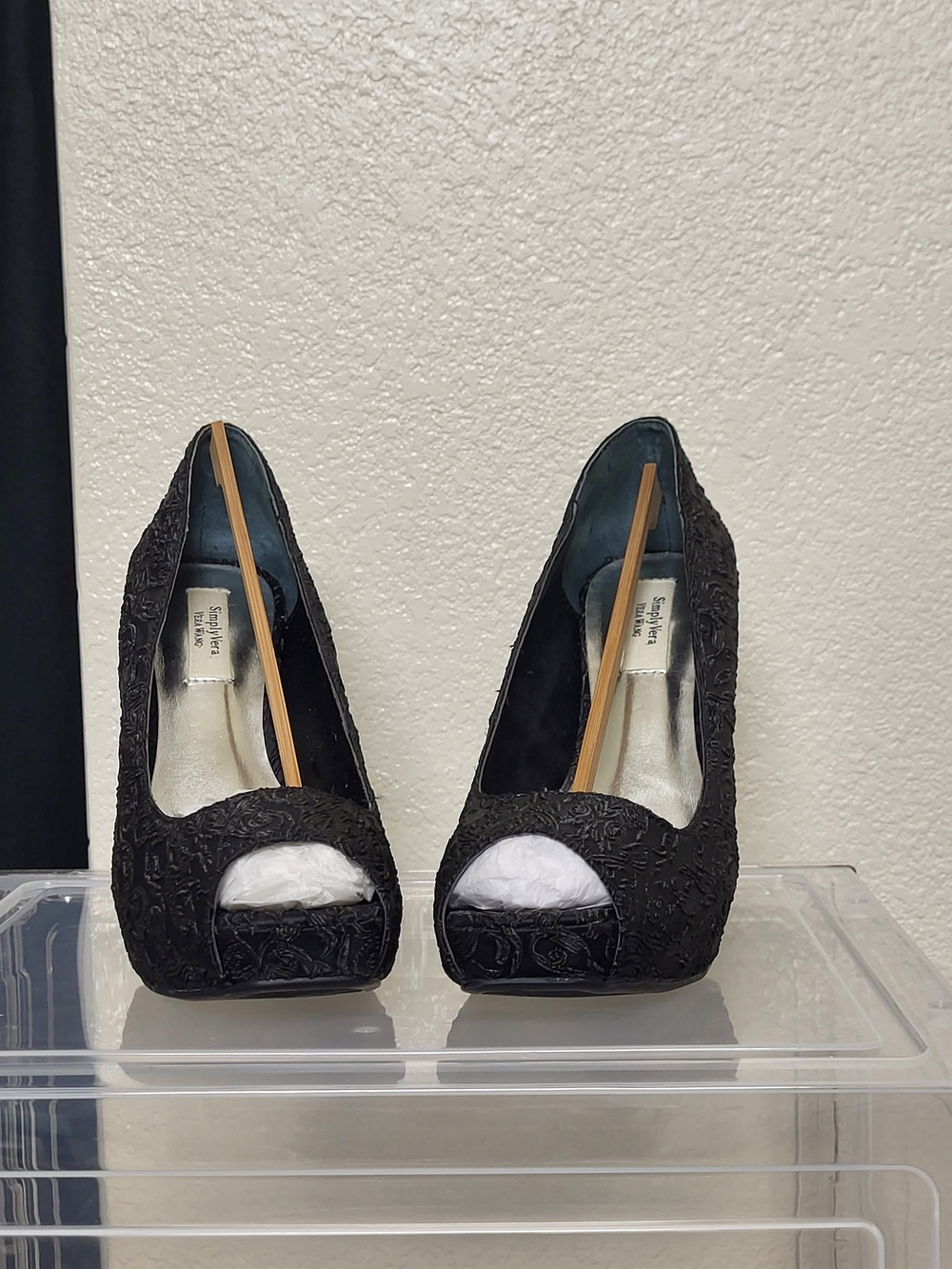 Vera Wang Black Textured Peep-Toe Heels